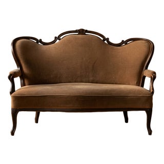 Vintage Ornate Wooden Sofa with Carved Decorative Frame and Brown Upholstery, 1950s For Sale