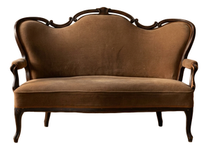 Vintage Ornate Wooden Sofa with Carved Decorative Frame and Brown Upholstery, 1950s