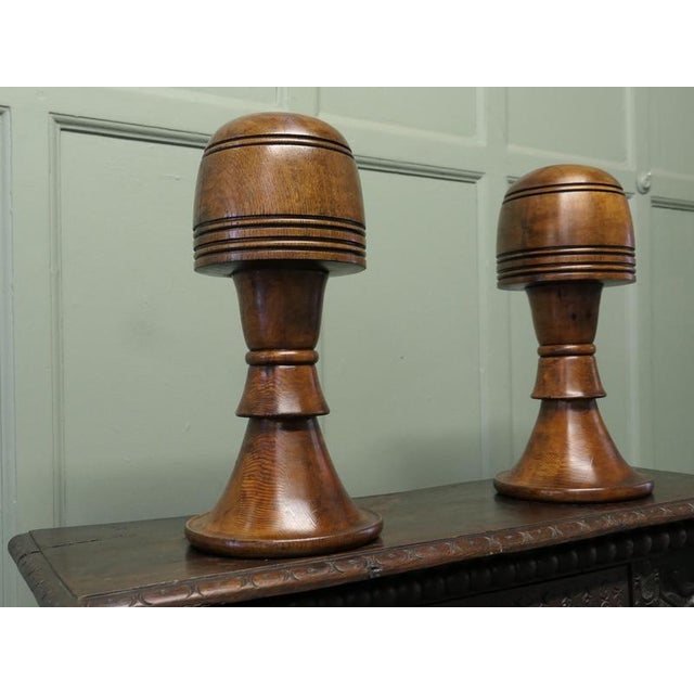 Wood Large Turned Oak Wig Stands or Hat Displays, 1950, Set of 2 For Sale - Image 7 of 8