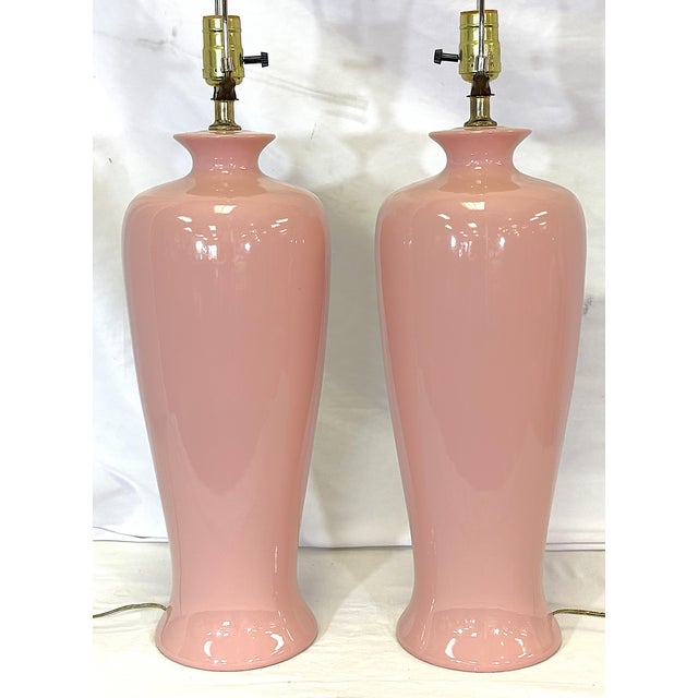 Mid-Century Modern Vintage Mid Century Barbiecore Pink Ceramic Lamps- A Pair For Sale - Image 3 of 14