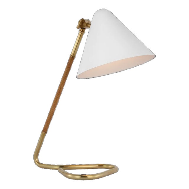 Amber Lewis for Visual Comfort Signature Laken Small Desk Lamp in Hand-Rubbed Antique Brass and Natural Rattan with White Shade For Sale