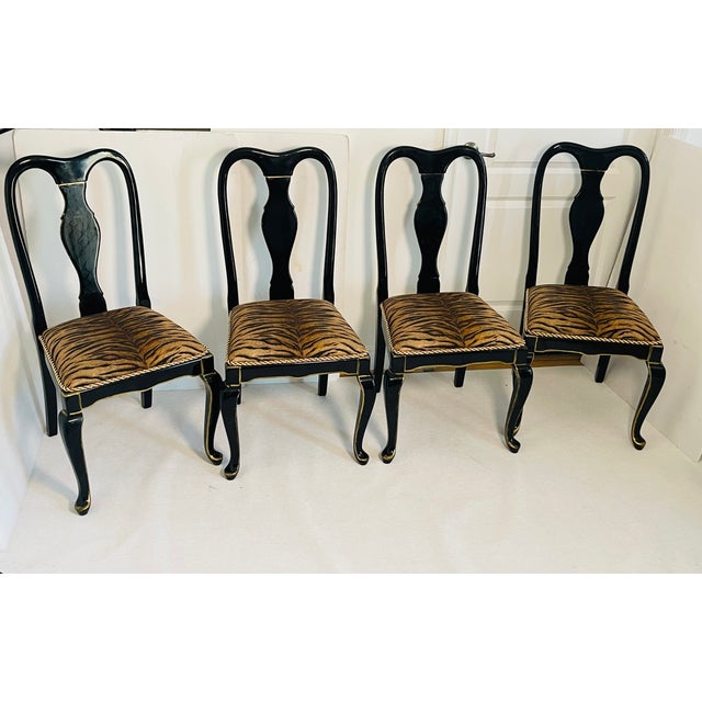 Mid 20th Century 4 Ebonised Queen Ann Style Dining Chairs With TapestryUpholstery For Sale - Image 9 of 11