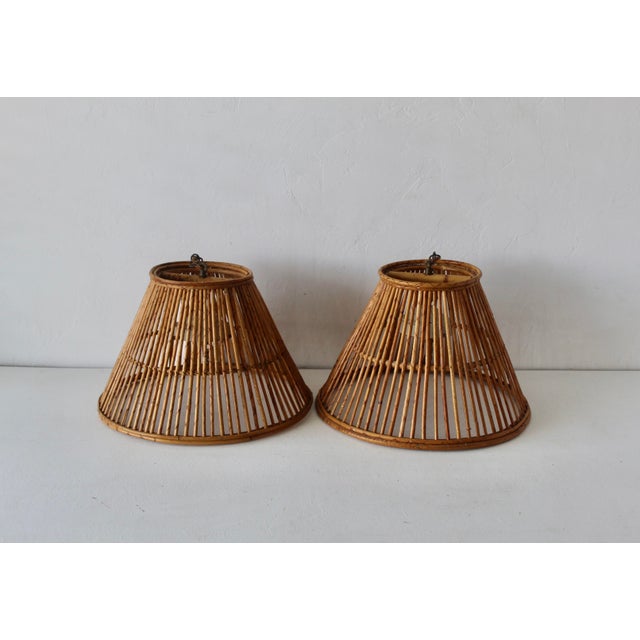 Wood Vintage Handwoven Bamboo Rattan Pendant Swag Style Lamps-a Pair For Sale - Image 7 of 13