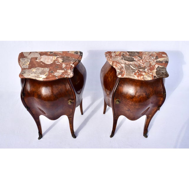 Italian Burl Wood Bombe Nightstands, Breccia Marble Tops, 19th Century For Sale - Image 9 of 9