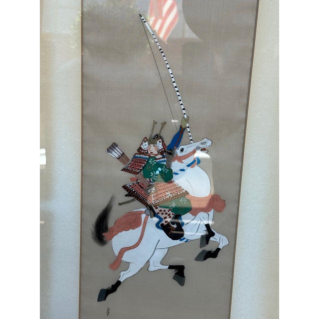 Vintage Pair of Paintings on Silk- Samurai on Horseback For Sale - Image 9 of 12