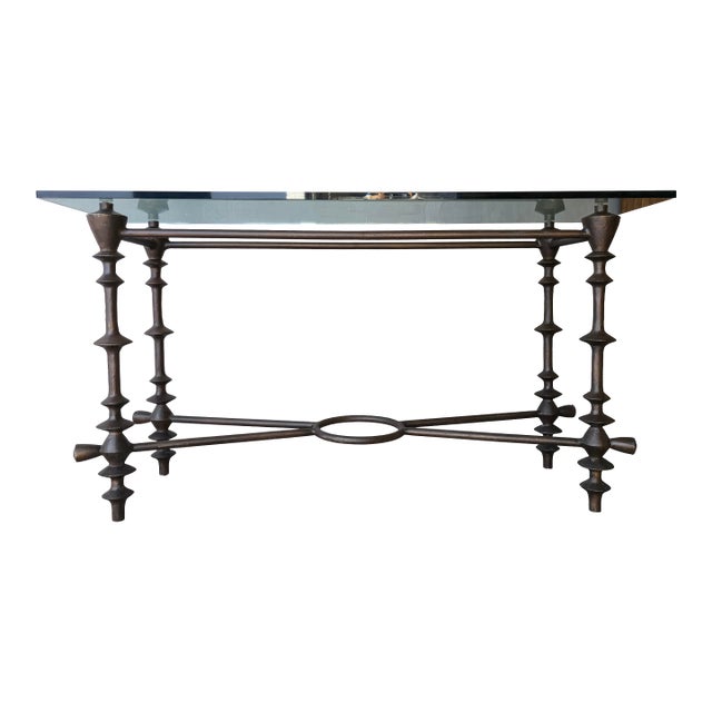 Giacometti Style Bronzed Finish and Glass Console Table For Sale