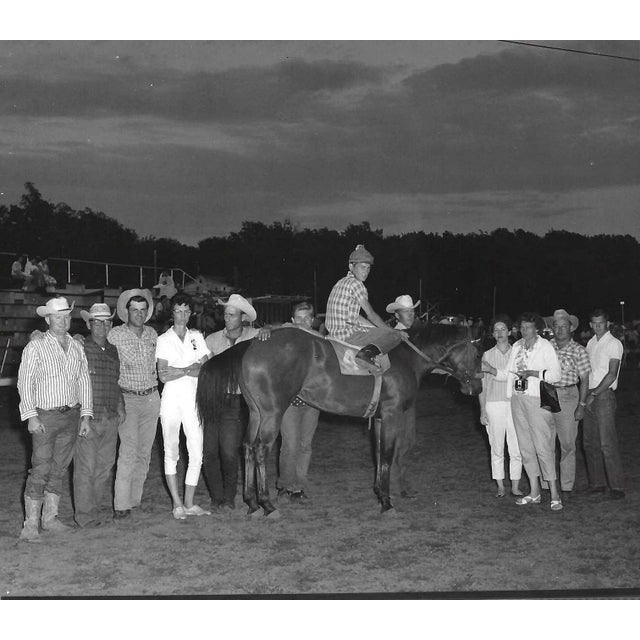 March 1966 black and white photograph of Leo Dee Do in the winner's circle at Marble Downs in Carthage, Missouri. Jockey...