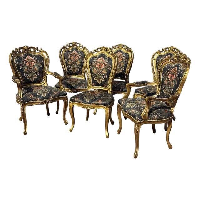 French Louis Style Gold Gilt Wooden and Upholstered Armchairs, Set of 6 For Sale