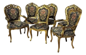 French Louis Style Gold Gilt Wooden and Upholstered Armchairs, Set of 6