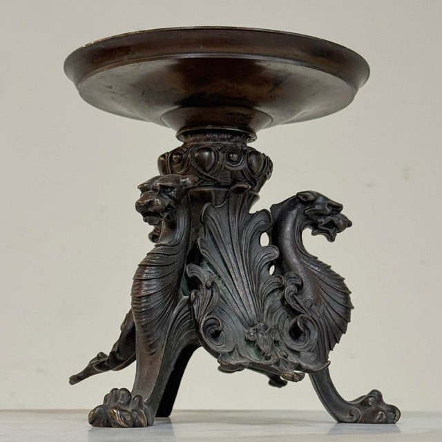 Pair of Renaissance Revival Bronze Rose Bowl ~ Pillar Candle Stands For Sale - Image 17 of 18