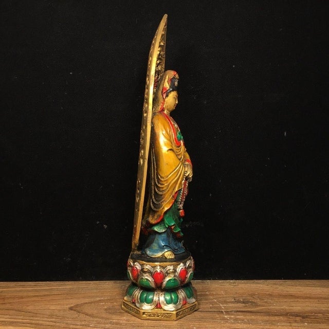 Metal Late 19th Century Polychrome Bronze Guanyin Statue With Aureole, 940g For Sale - Image 7 of 9