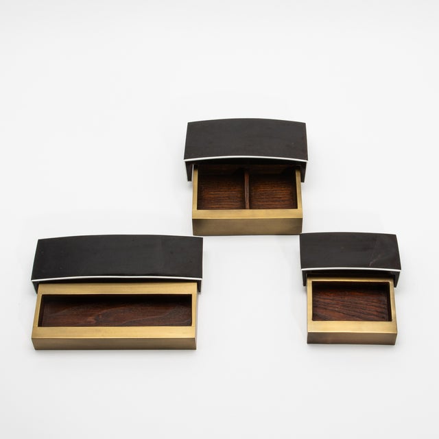 R & Y Augousti Set of 3 Boxes in Black Pen Shell and Bronze Patina Brass by R&y Augousti For Sale - Image 4 of 9