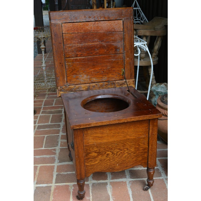Antique English Oak Wood Commode Potty Chamber Pot Cupboard W/ Cushioned Top For Sale - Image 6 of 16