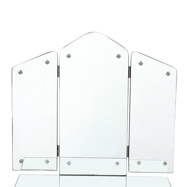 Art Deco Hollywood Mirrored Trifold Ebonized Cabriole Leg Vanity W/ Glass Pulls For Sale - Image 4 of 18