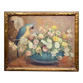 Montague Hall –Exotic Parrots and Floral Still Life – Early 20th Century Oil Painting For Sale