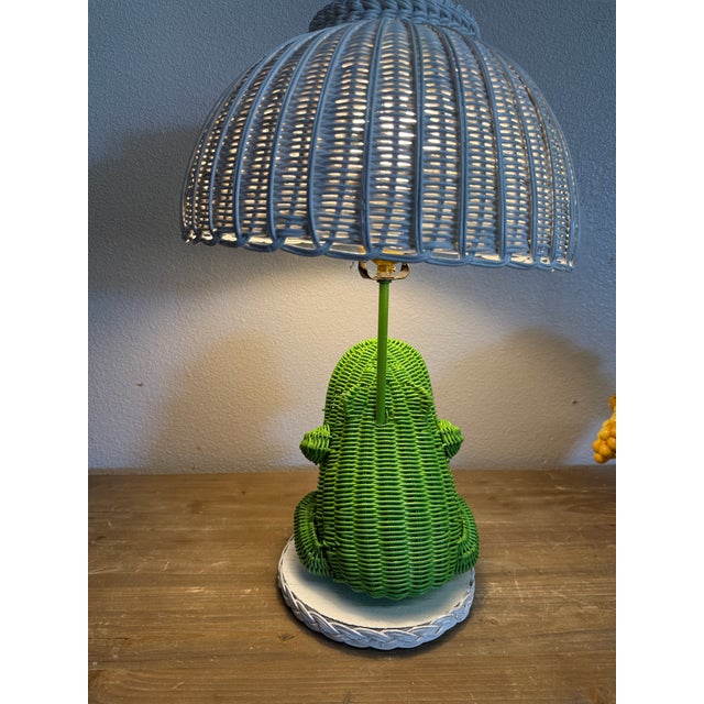 Figurative Vintage Wicker Rattan Frog White and Green Table Lamp For Sale - Image 3 of 10