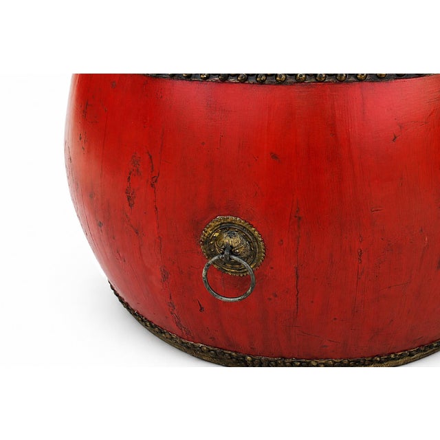Monumental Antique 48" Chinese Ceremonial Drum Red Lacquered For Sale - Image 13 of 18