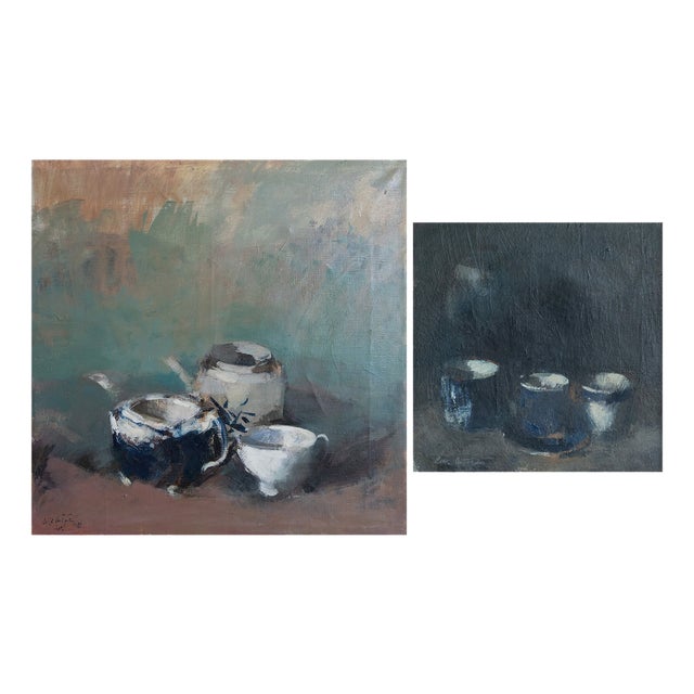 Still Lifes of Teacups and Pots, 1980s, Oil on Canvases, Set of 2 For Sale