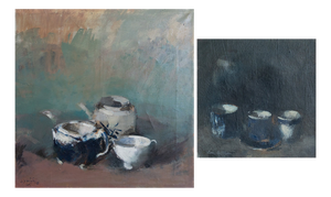 Still Lifes of Teacups and Pots, 1980s, Oil on Canvases, Set of 2