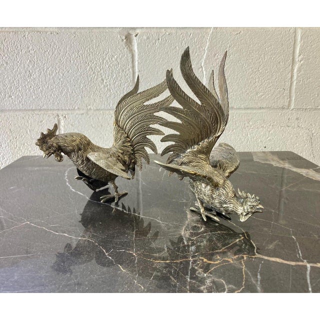Mid-Century Modern Set of 2 Vintage Silver Fighting Roosters For Sale - Image 3 of 6