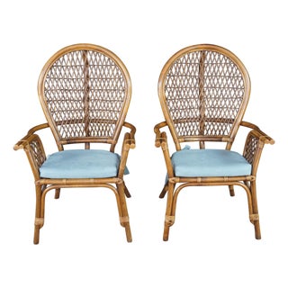Pair of Mid 20th Century Coastal Style Boho Chic Bamboo & Rattan Peacock Arm Chairs For Sale