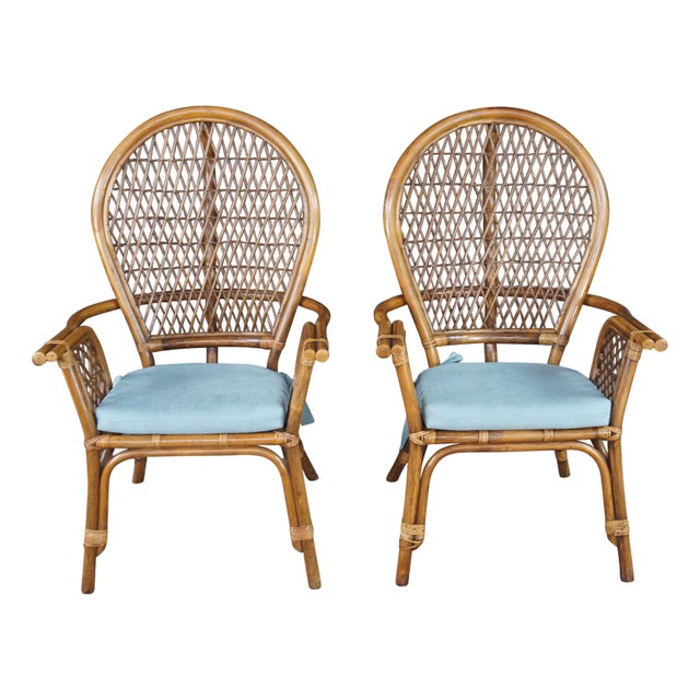 Pair of Mid 20th Century Coastal Style Boho Chic Bamboo & Rattan Peacock Arm Chairs For Sale