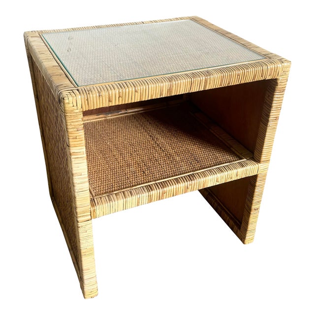 Boho Chic Wicker Rattan Glass Top Side Table/Nightstand For Sale