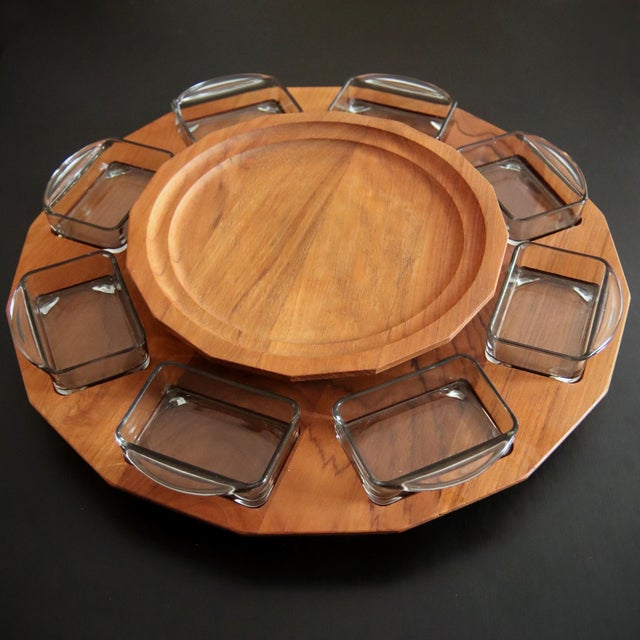 Lazy Susan Rotating Wooden Tray with 8 Smoked Glass Bowls, 1960s, Set of 9 For Sale - Image 5 of 5