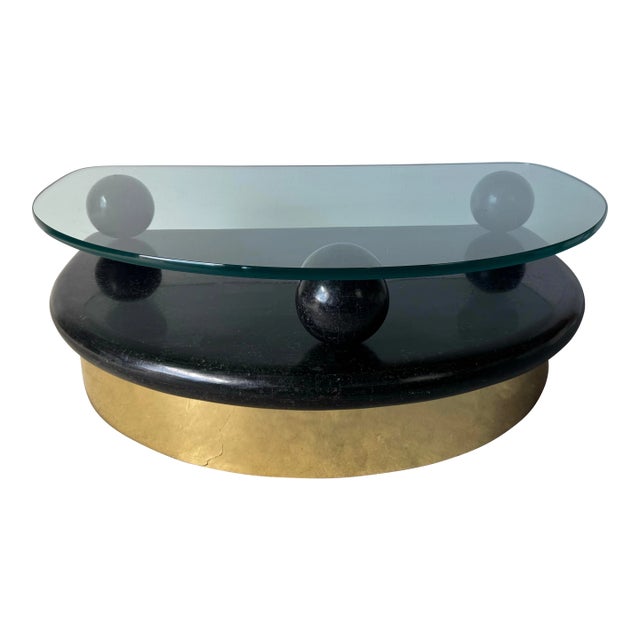 1980’s Postmodern Tessellated Stone and Brass Half-Moon Coffee Table With Glass Top/ Sold For Sale