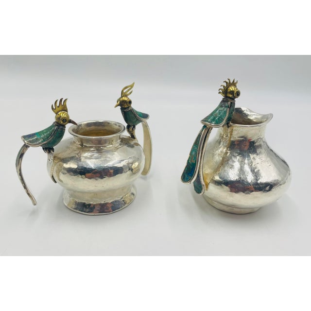 1950s Los Castillo Malachite-Inlaid Bird Creamer & Sugar Set, Taxco Mexico For Sale - Image 11 of 18