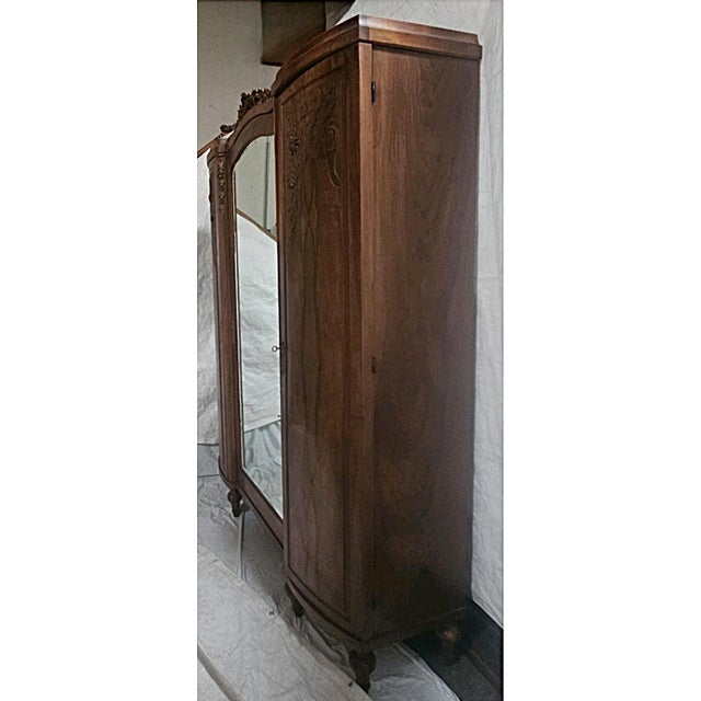Antique French Burl Walnut Armoire Wardrobe Mirror Carved Cabinet Circas 1920s For Sale - Image 14 of 18