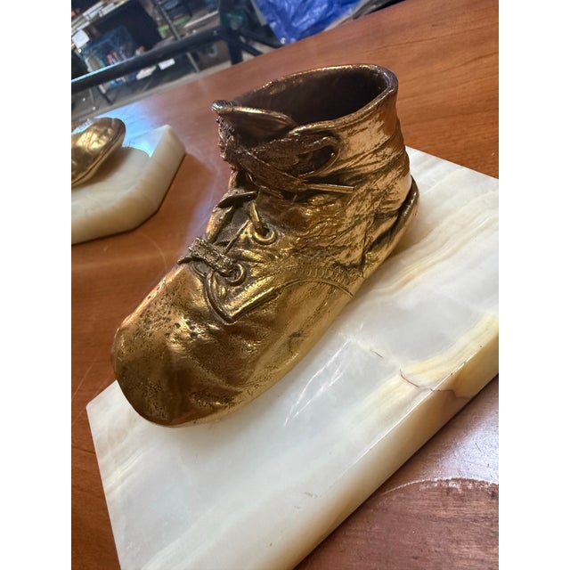 Pair of Vintage Copper Bronze Clad Baby Shoes Bookends on Solid Marble Base For Sale - Image 4 of 7