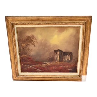 Vintage Signed Gorman Canvas Oil Painting of Landscape W/Wood Frame For Sale