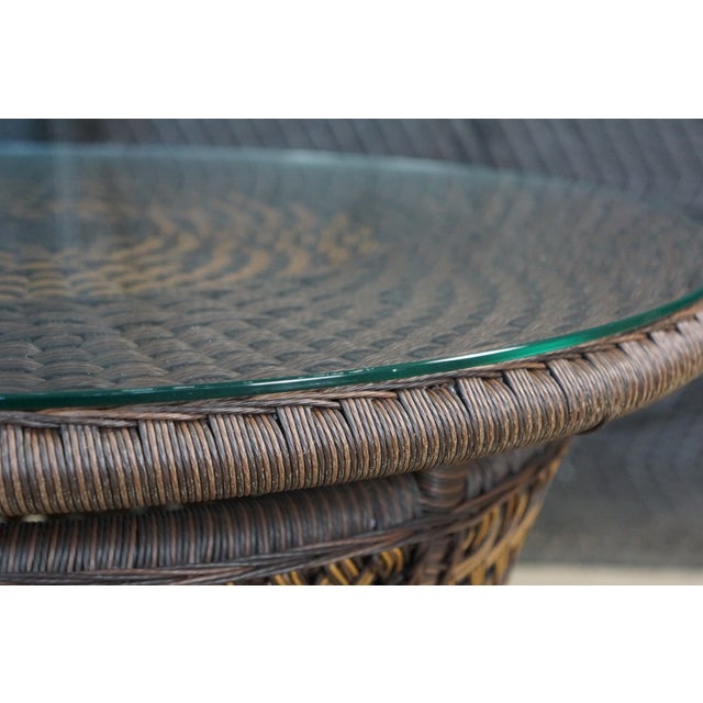 Wood Lloyd Flanders Oval Wicker Coffee Table Two Tone Patio Table With Glass Top Boho For Sale - Image 7 of 18