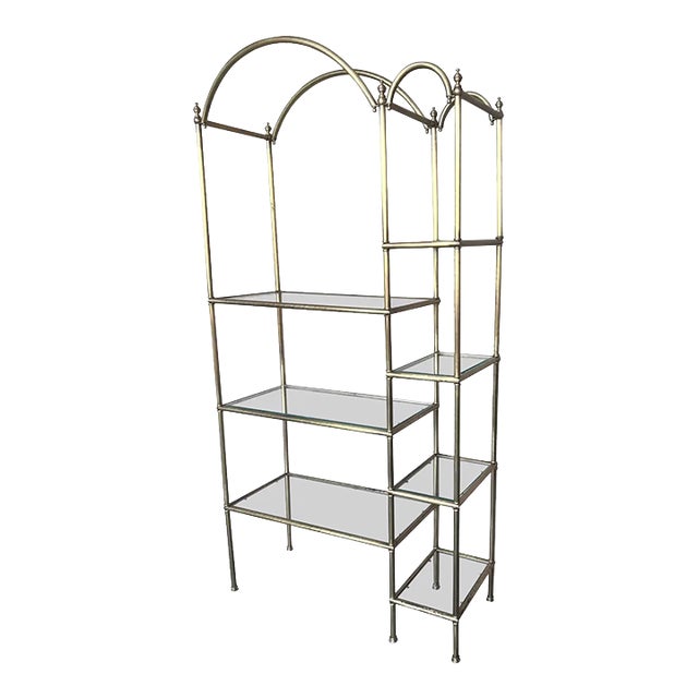 Vintage Brass Étagère Arched Glass Display Shelf With Three + Four Shelves For Sale