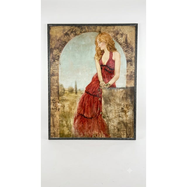 An expansive, romantic figurative canvas artwork featuring a strawberry-blonde woman in a tiered red gown leaning against...