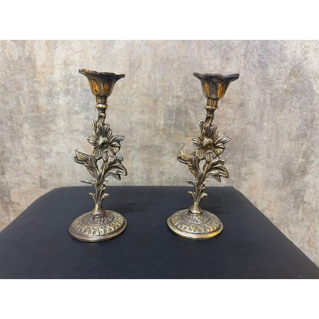 2020s Handmade Antiqued Brass Mirror Candlestick Set For Sale - Image 5 of 14