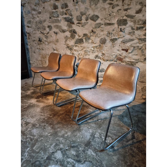 Mid-Century Modern French Sled Base Chairs in Beige-Taupe Vinyl, 1976, Set of 4 For Sale - Image 3 of 18