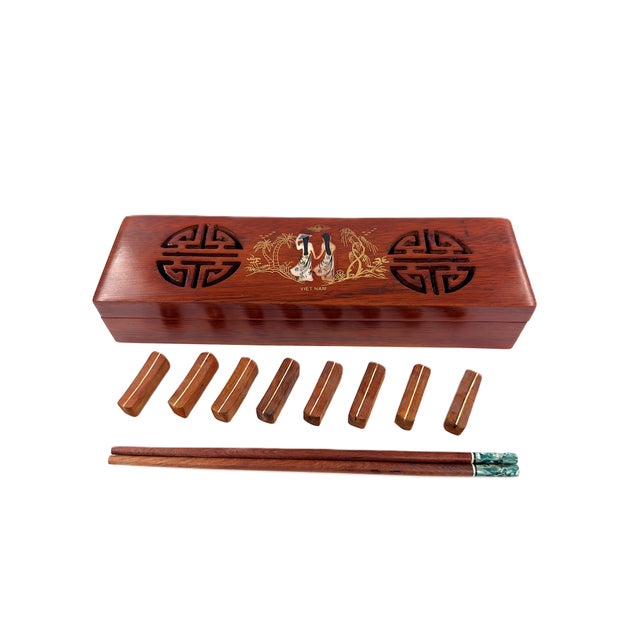 Asian Modern Vietnamese Wooden Chopsticks for 8 With Green Mother of Pearl Marbled Tips Decorative Storage Box and Coordinating Rests - 25 pcs For Sale - Image 4 of 10