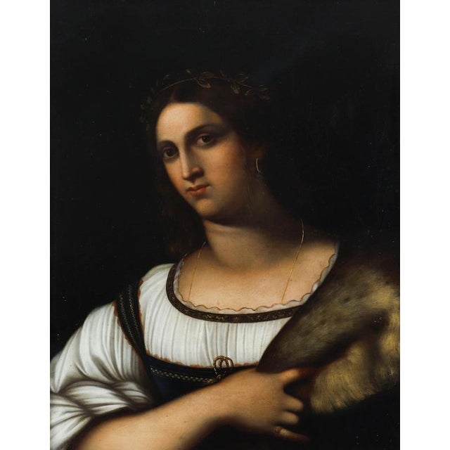 A superb antique oil painting on board painting titled ‘La Fornarina’ after Sebastiano del Piombo, early 19th century in...
