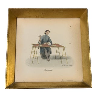 19th-Century French Hand-Colored Lithograph “Brodeuse” in Giltwood Frame For Sale