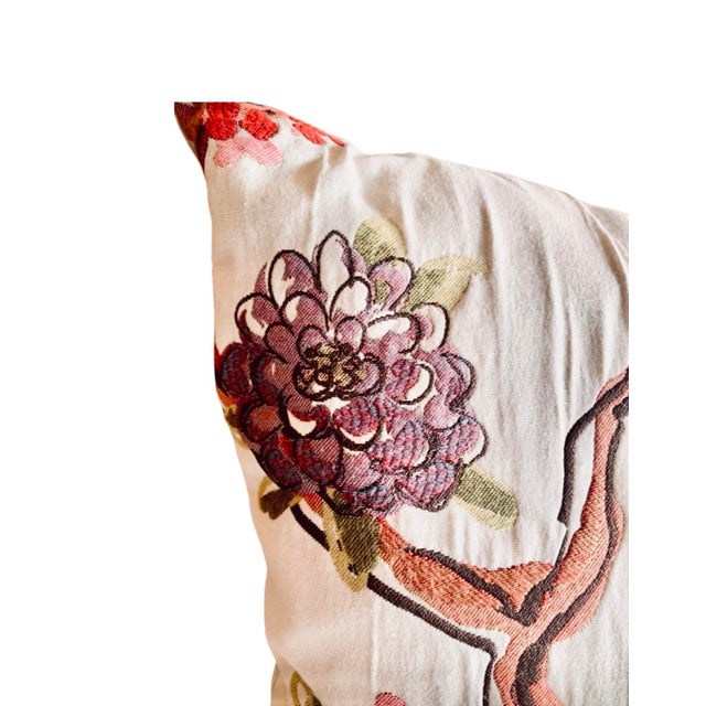 Bird on a Branch Large 22” Square Botanical Woven Watercolor Pillow For Sale - Image 4 of 8