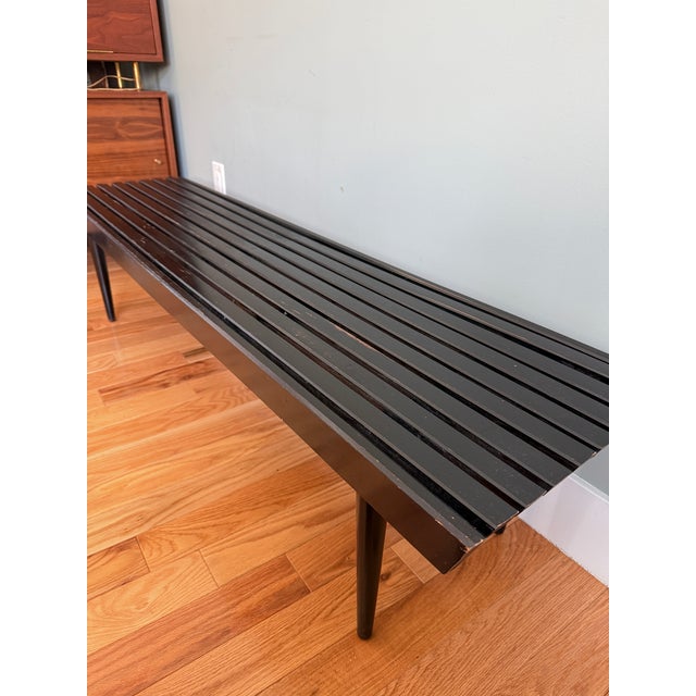 Wood 1960s MCM Vintage Black Slat Wood Bench For Sale - Image 7 of 8
