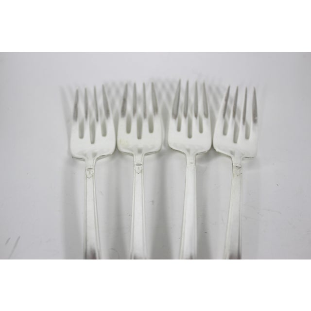 Art Deco 1937 First Love Set of 4 Vintage Silver Individual Salad Forks Slot Tine, Rogers, Four Plated Matching, Small Dessert Fork For Sale - Image 3 of 9