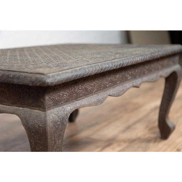Indian Vintage Indian Coffee Table with Brushed Metal Patina over Wood and Floral Décor For Sale - Image 3 of 13