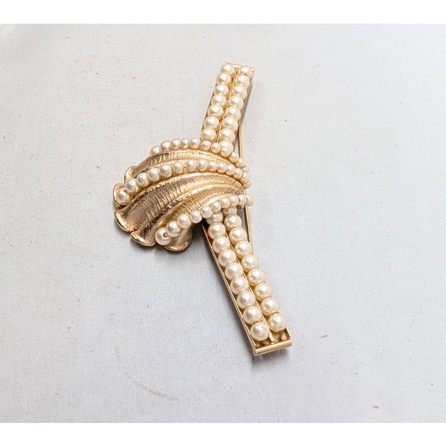 Mid-Century Modern Vintage 1950s Signed Napier Goldtone Faux-Pearl Shell Brooch For Sale - Image 3 of 6