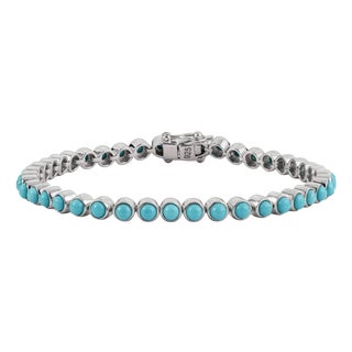 Classic 5.07 Ct Bezel-Set Round Natural Turquoise Tennis Bracelet in 925 Silver For Sale