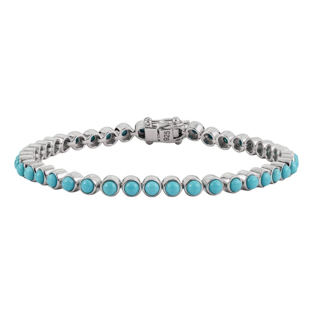 Classic 5.07 Ct Bezel-Set Round Natural Turquoise Tennis Bracelet in 925 Silver For Sale