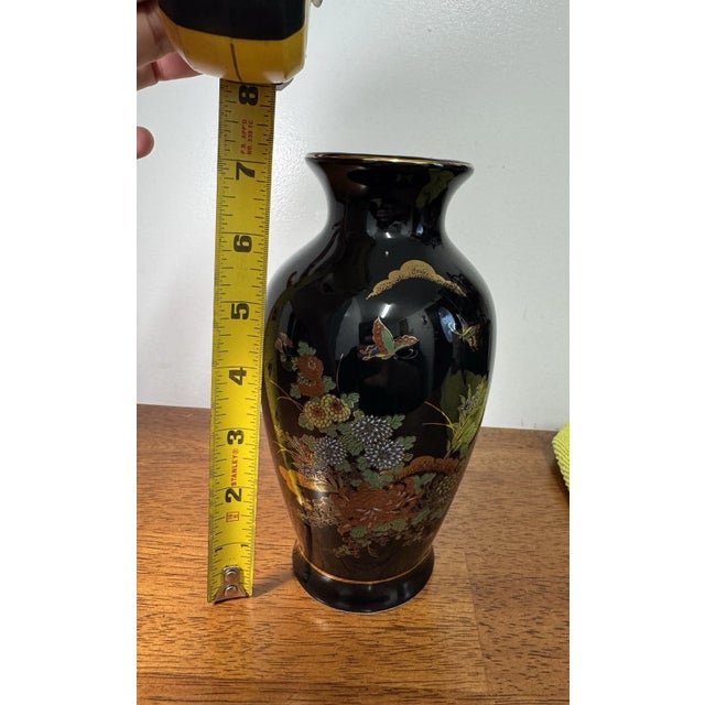 Japanese Hand Painted Vase 8” Black With Gold Rim & Floral Design Collectible For Sale - Image 9 of 10