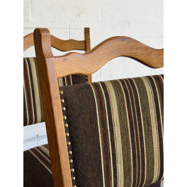In Style of Henning Kjærnulf Oak Dining Chairs Set of 6 With Striped Upholstery 1970s For Sale - Image 11 of 11